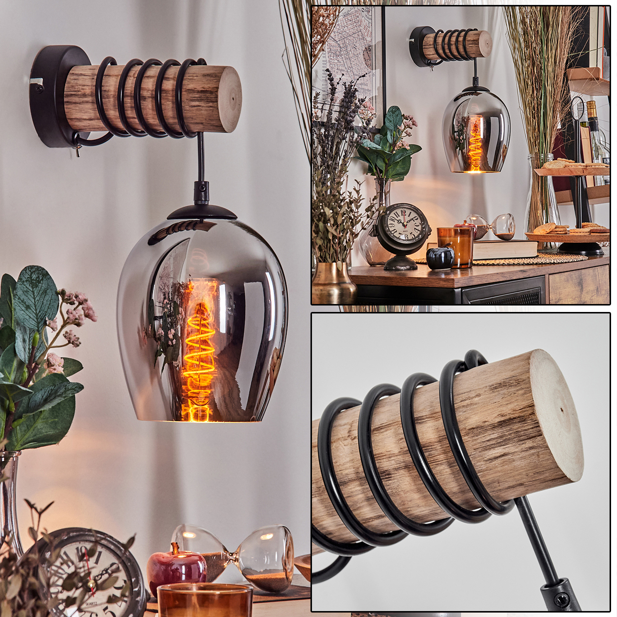 Wandleuchte mit Holzstamm, schwarzer Spirale und rauchglasförmigem Lampenschirm.