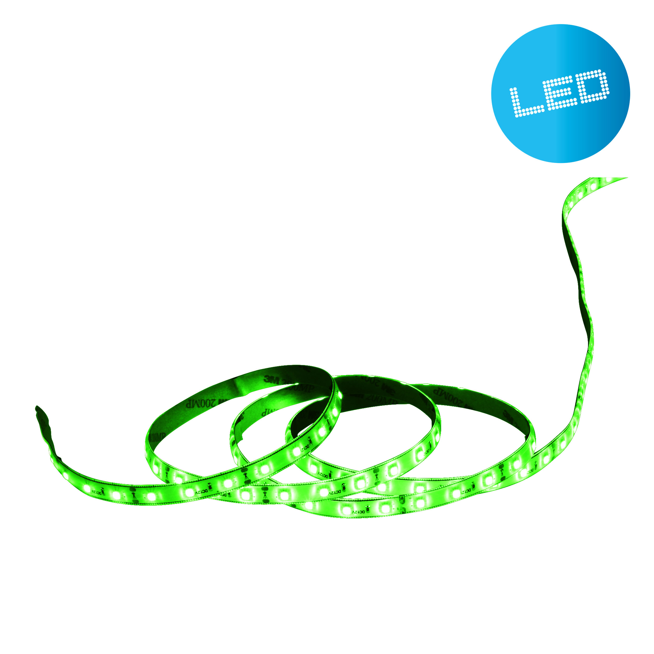 Grünes LED-Streifenlicht auf weißem Hintergrund mit LED-Logo.