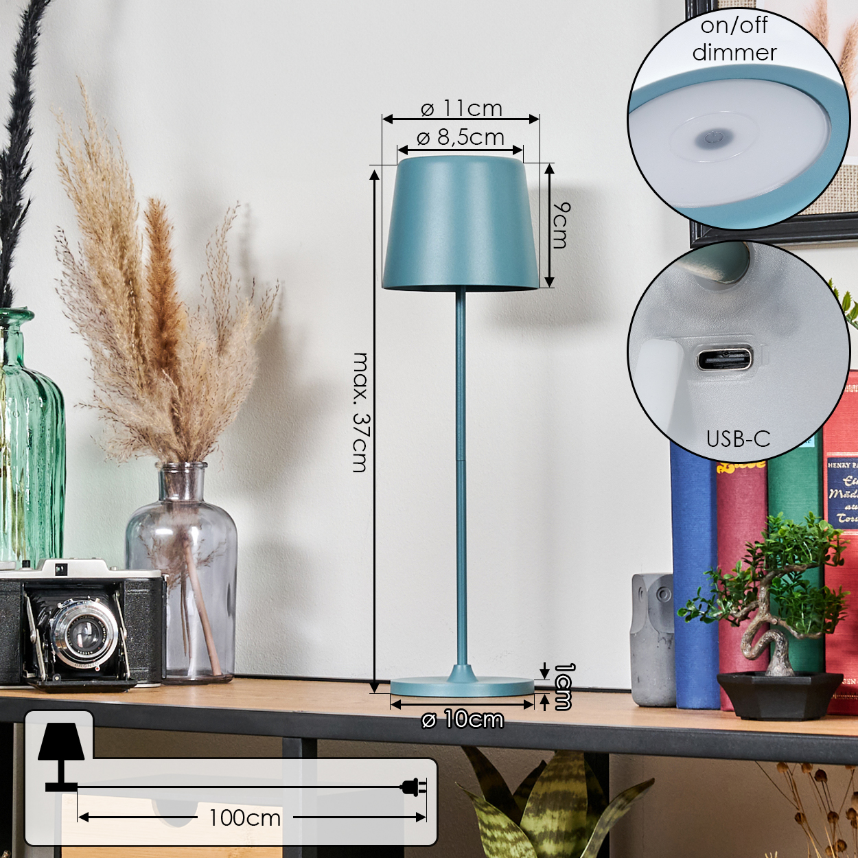 Blaue Tischlampe mit Maßen: Höhe 37cm, Schirm Ø11cm/8.5cm, Sockel Ø10cm.