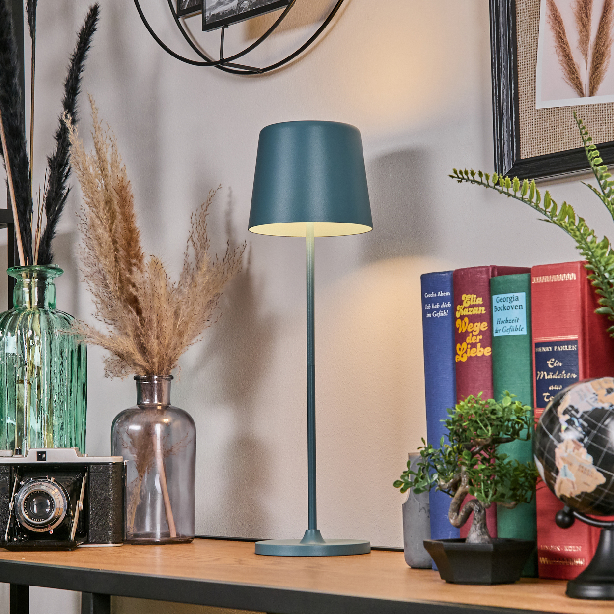 Ein moderner Schreibtisch mit Lampe, Büchern, Kamera und Pflanzen.