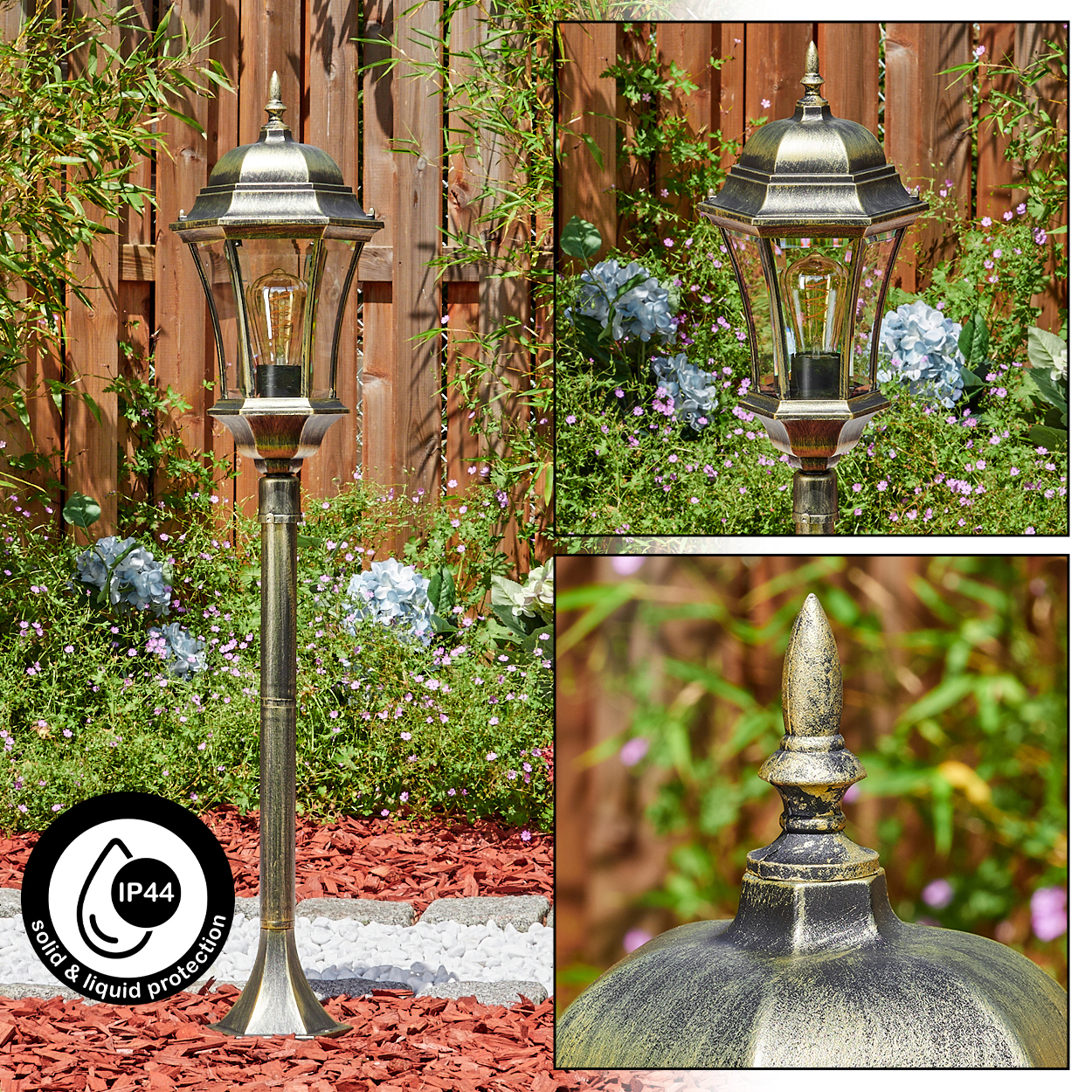 Gartenlampe mit Glühbirne vor Holzzaun, Blumen und IP44-Schutzsiegel.