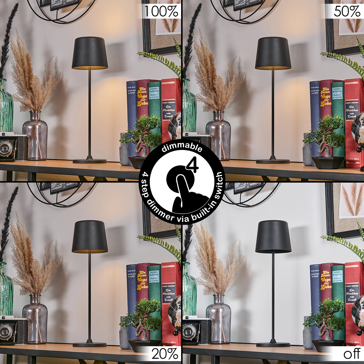 Vier Stufen der Tischlampe: 100%, 50%, 20% und aus.