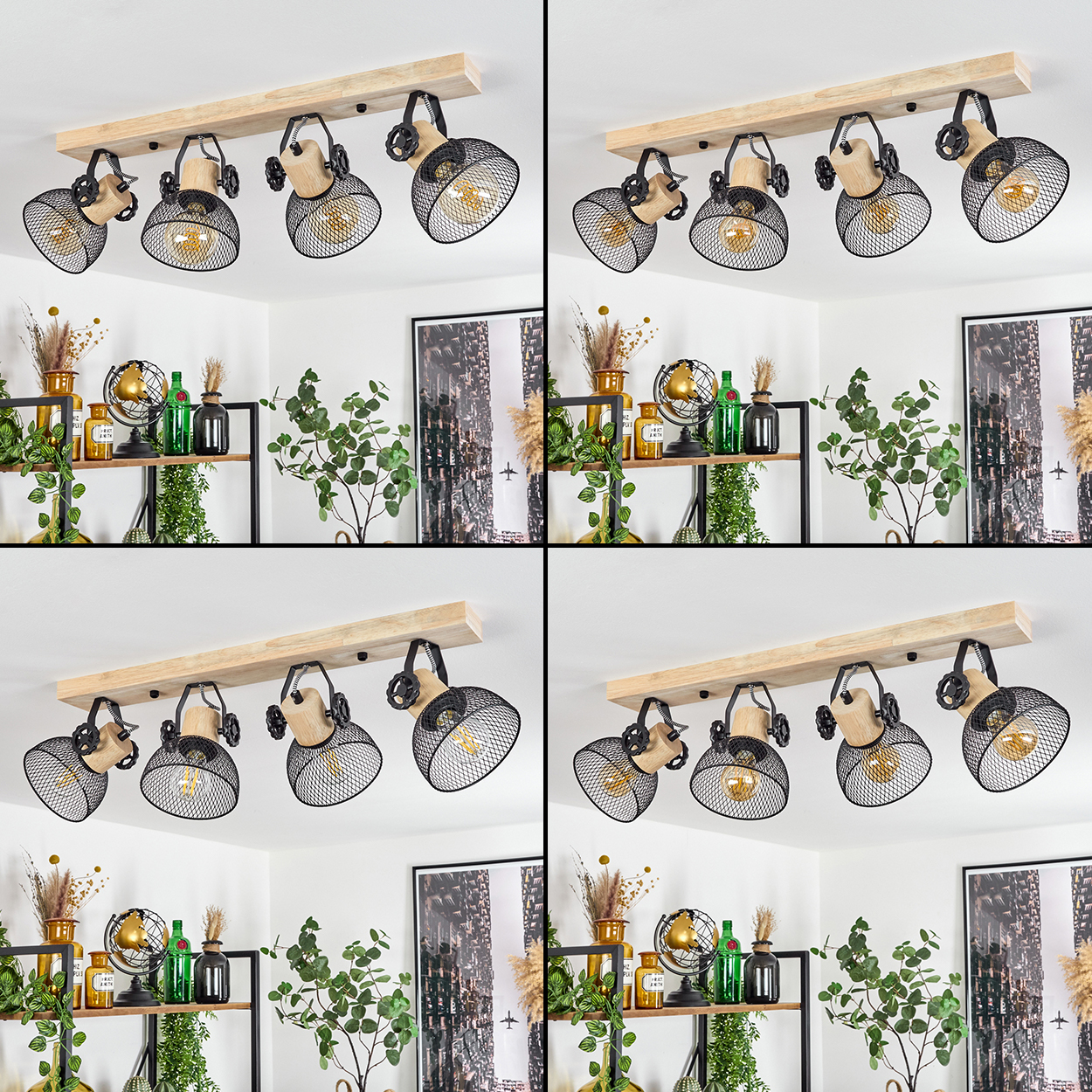 Holzdeckenleuchte mit vier schwarzen Gitterschirmen und Holzakzenten.