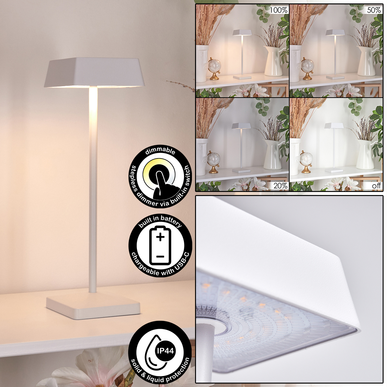 Weiße, dimmbare Tischlampe mit USB-C-Aufladung, IP44, auf einem Regal.