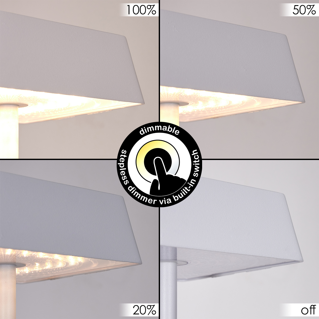 Lampe mit 4 Helligkeitsstufen: 100%, 50%, 20%, aus.