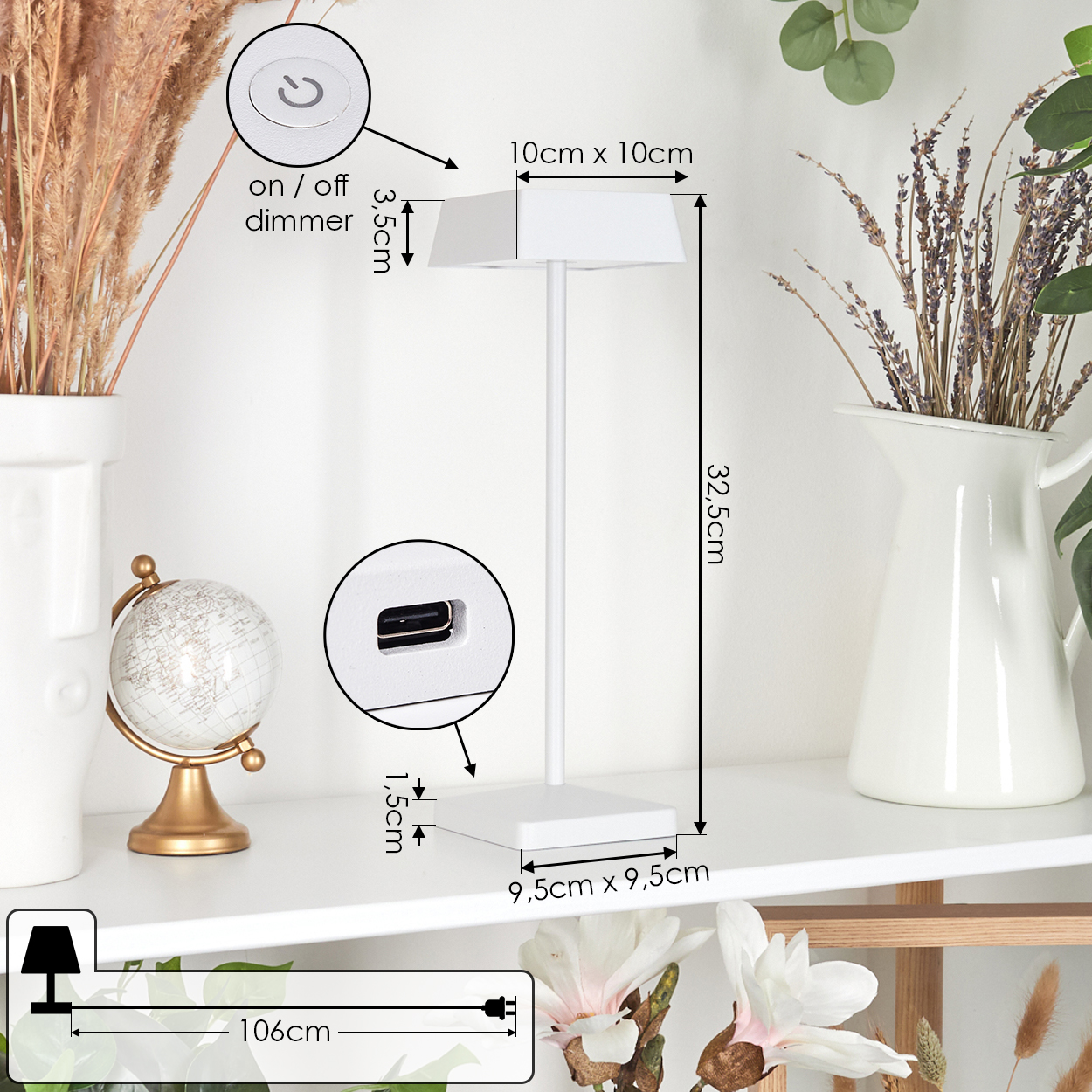 Weiße Schreibtischlampe mit USB-Anschluss und Maßen.