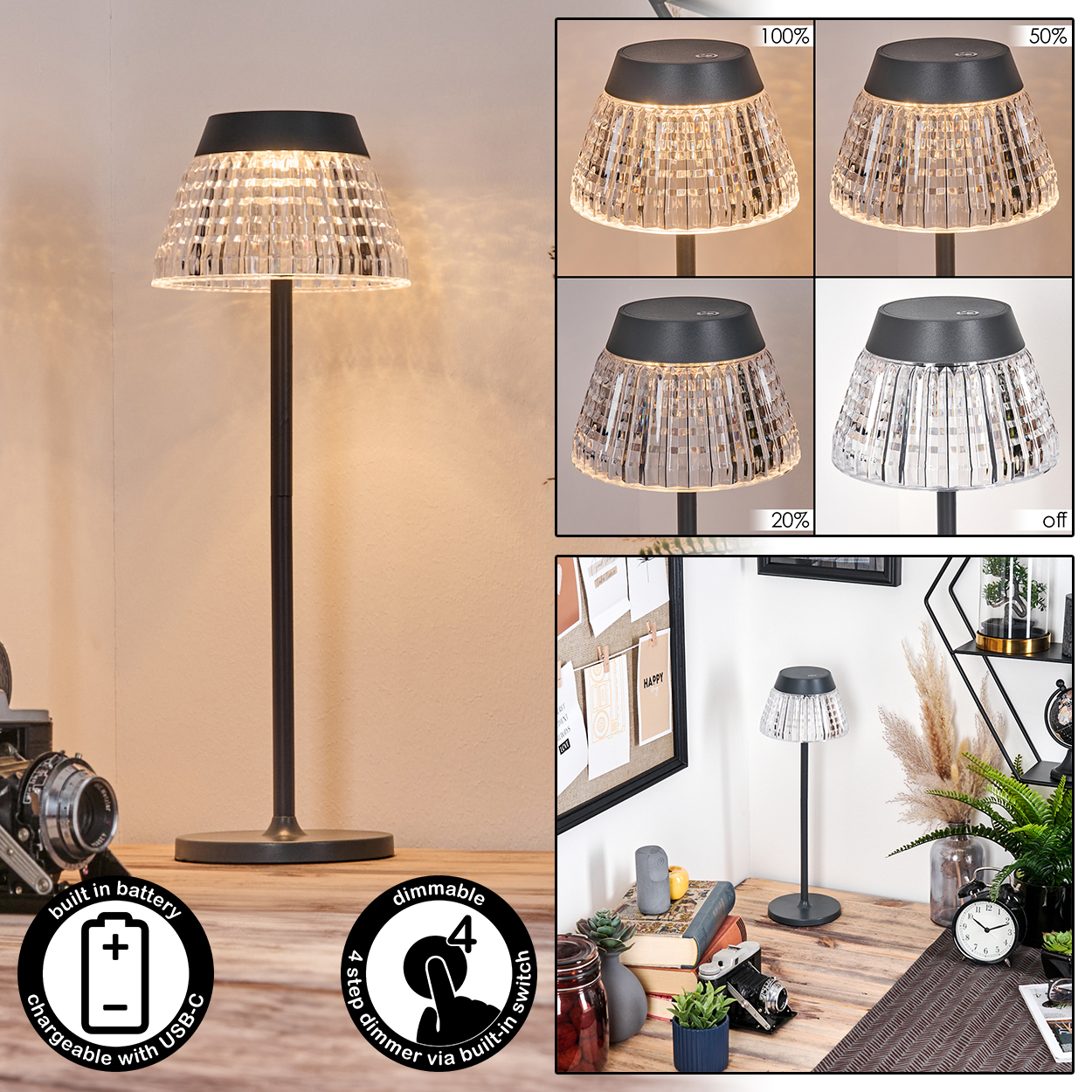 Eine dimmbare Nachttischlampe mit USB-C-Ladefunktion und Kristallschirm.