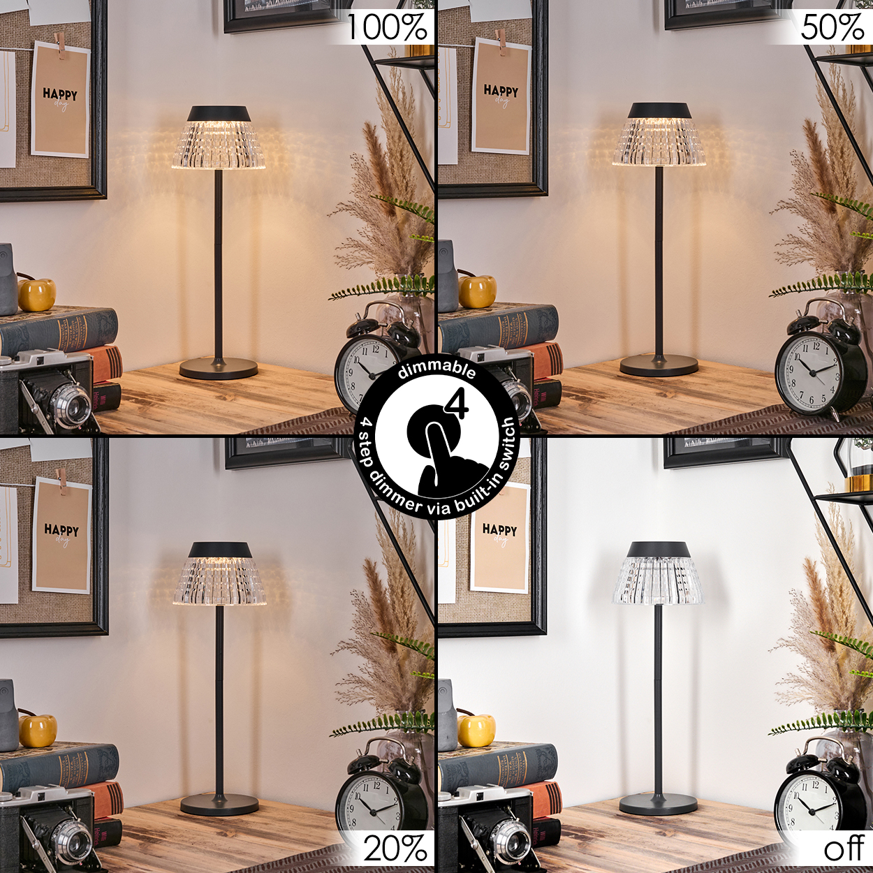 Eine Tischlampe wird in vier Helligkeitsstufen gezeigt, von 100% bis Aus.