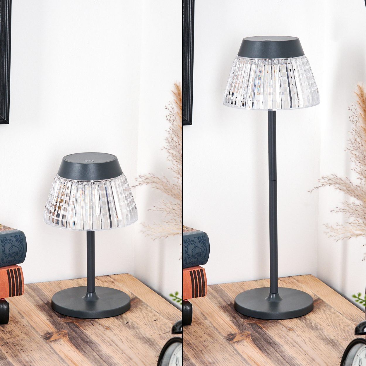 Graue Tischlampe mit Kristallschirm auf Holztisch, neben Büchern.