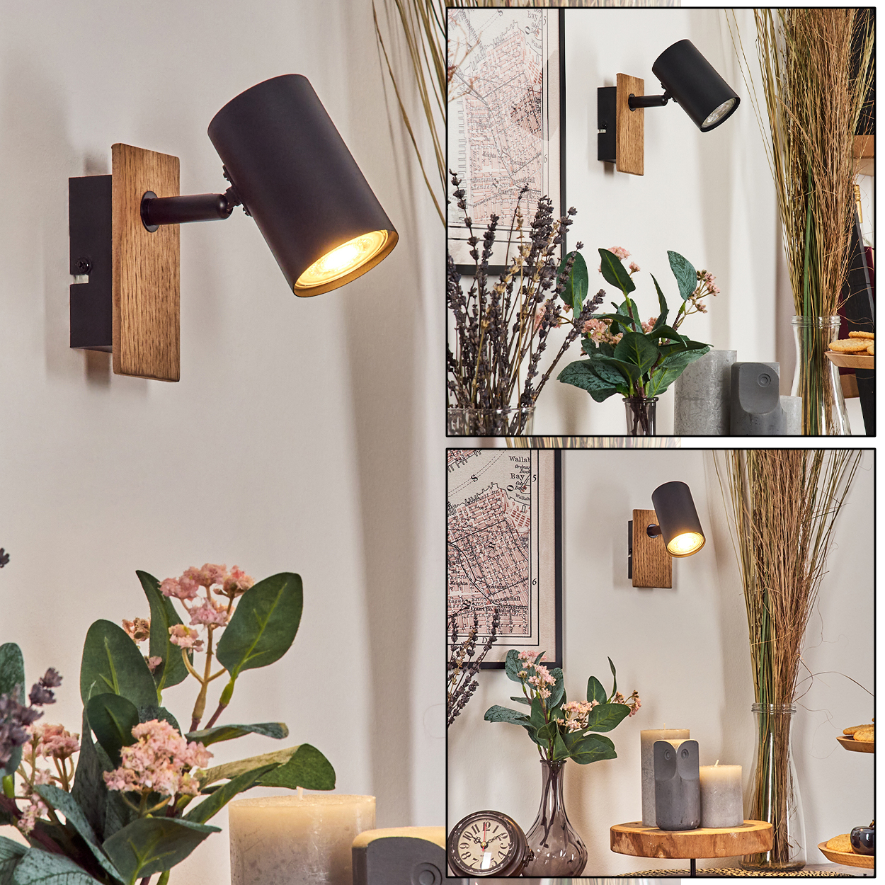 Moderne Wandleuchte mit schwarzem Zylinder und Holzsockel an weißer Wand.