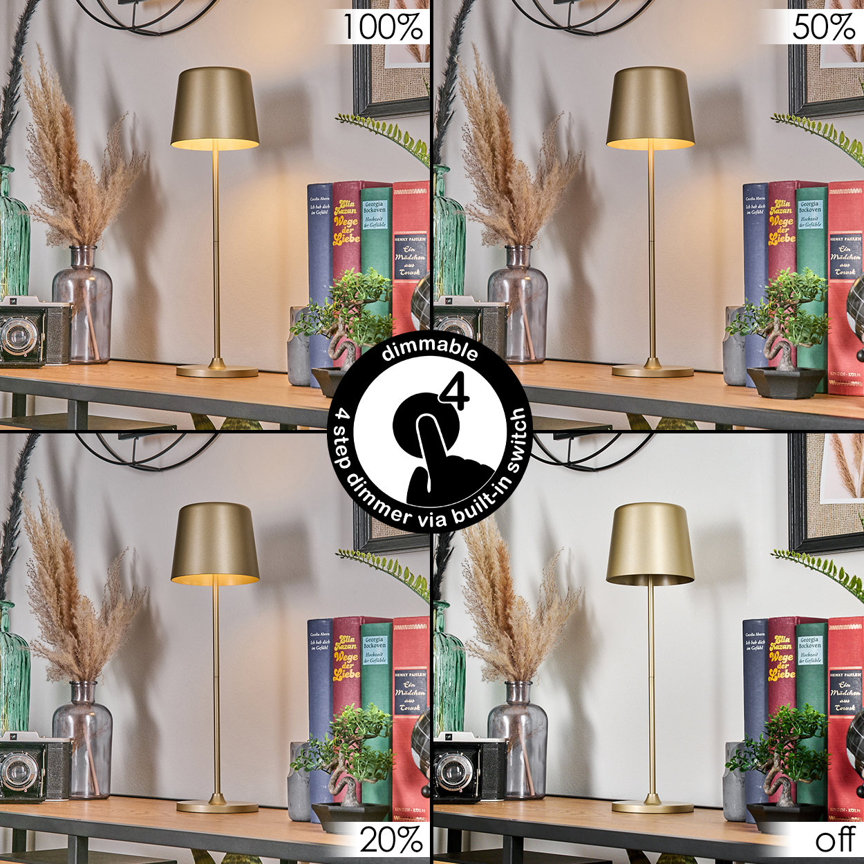 Goldene Stehlampe auf einem Regal mit Büchern und Deko.