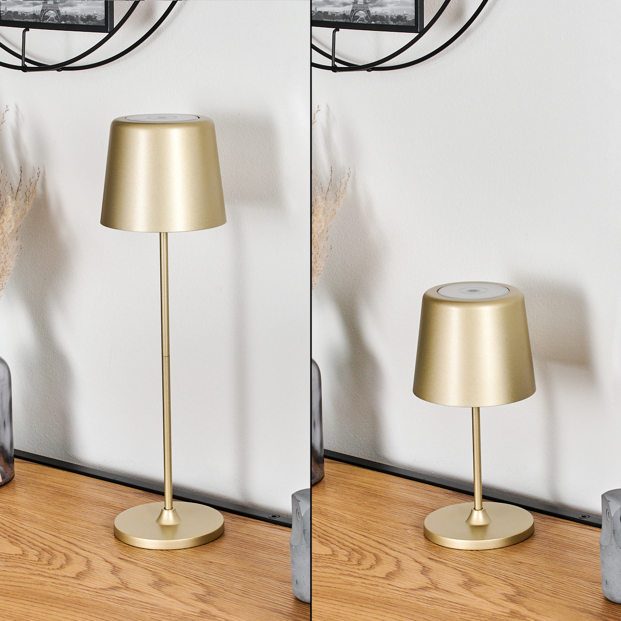 Goldene Tischlampe mit rundem Fuß, hohem Stab und kegelf örmigem Schirm.