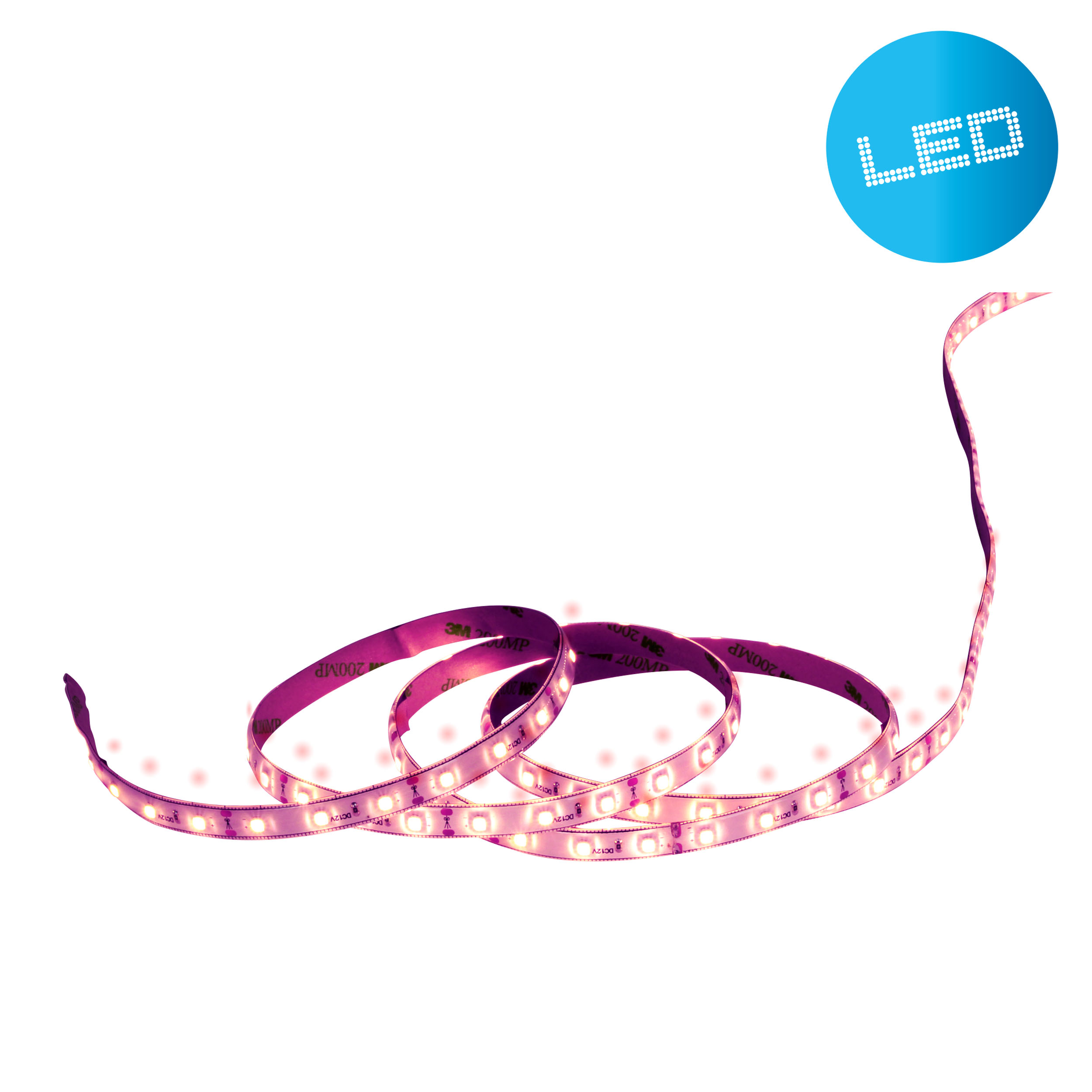 Eine pinke LED-Lichtleiste, die sich in Schlaufen windet, mit einem blauen Kreis mit der Aufschrift "LED".