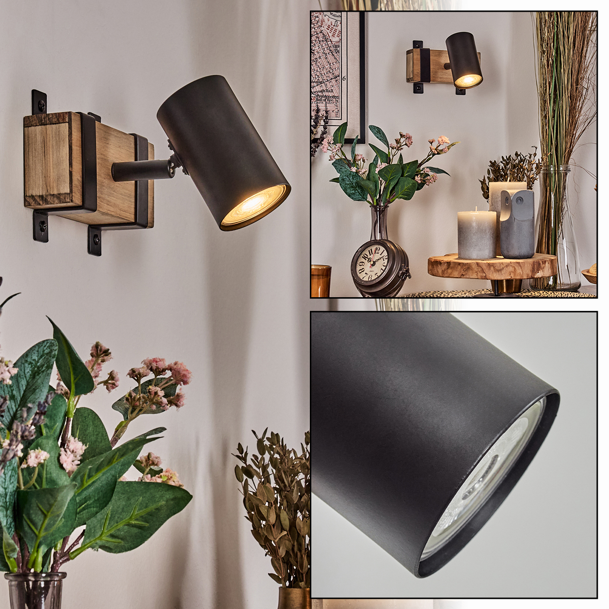 Ein Wandstrahler mit Holzsockel und schwarzem Metallschirm leuchtet.