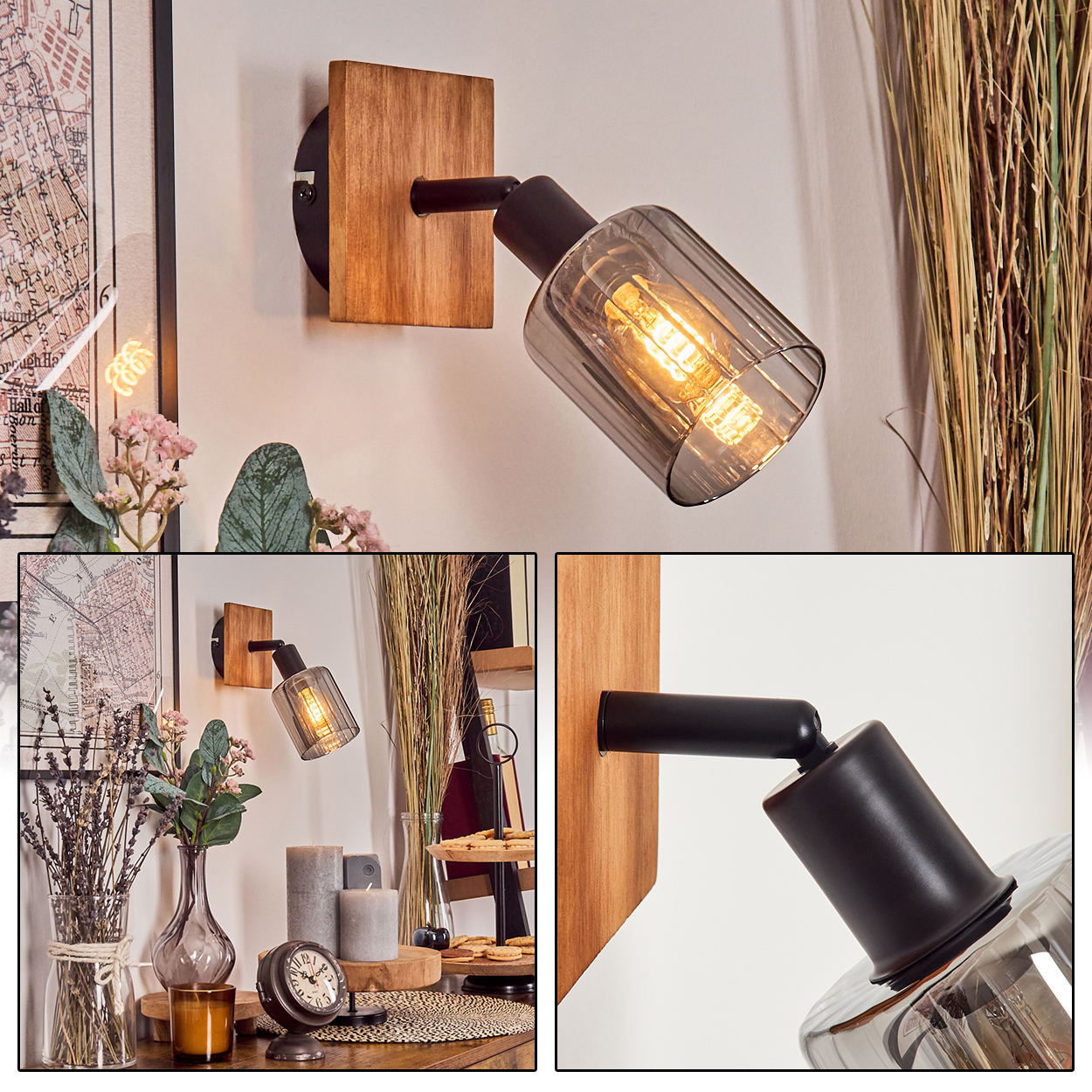 Ein Wandstrahler mit Holzsockel und Rauchglas-Schirm leuchtet.