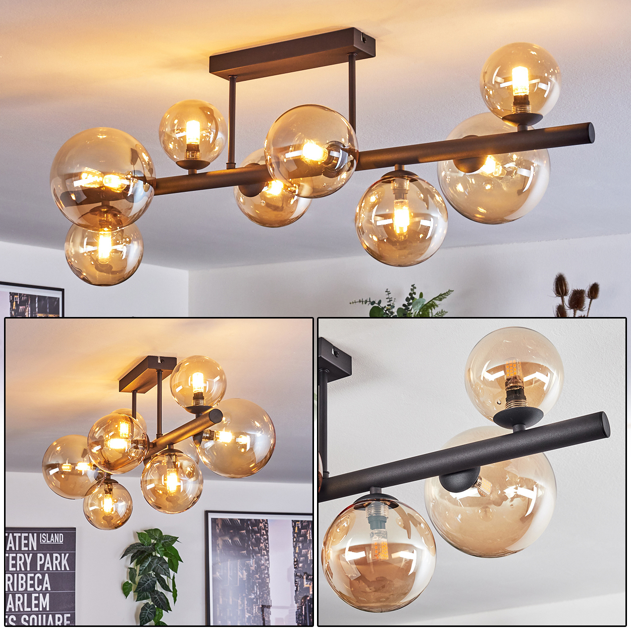 Ein moderner Kronleuchter mit bernsteinfarbenen Glaskugeln auf dunklem Metallrahmen.
