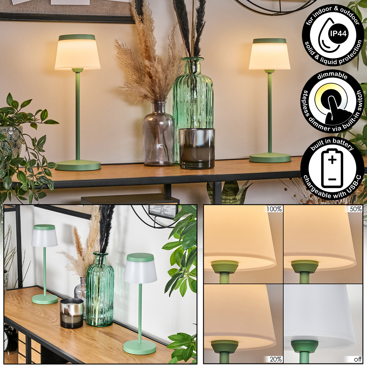 Zwei grüne Akku-Tischlampen auf einem Regal, daneben Vasen und Pflanzen.