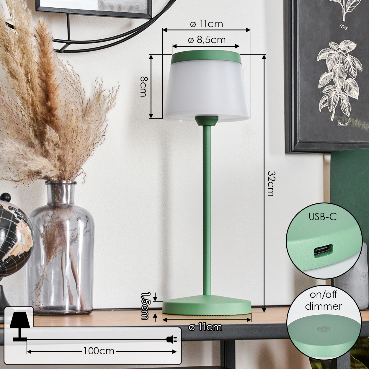 Grüne Tischlampe mit weißem Schirm, USB-C-Anschluss und Dimmer.