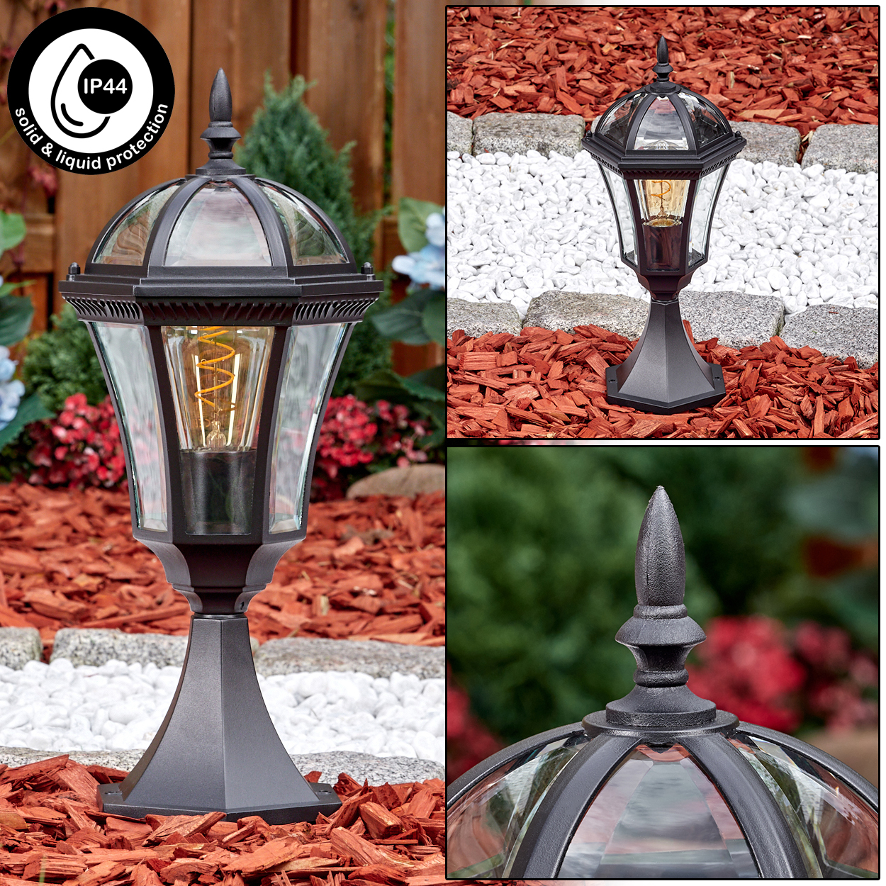 Eine dunkle Gartenlampe mit Glas und Glühbirne, umgeben von roter Rinde.