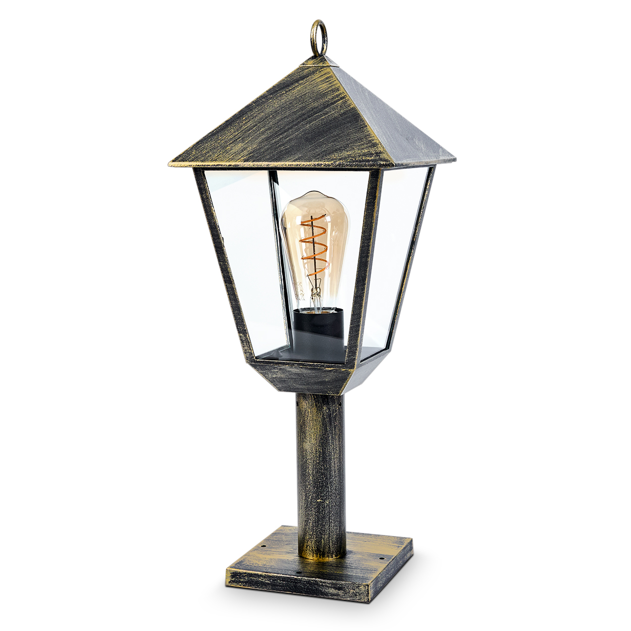 Eine antike Lampe mit Glühfadenbirne auf einem Sockel.