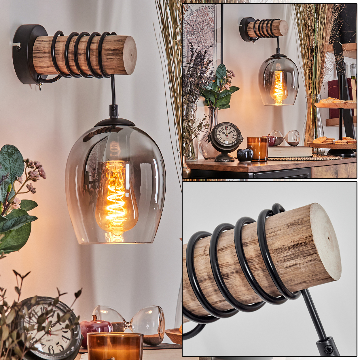 Eine Wandleuchte mit Holzstamm, Metallfeder und rauchglasigem Lampenschirm.