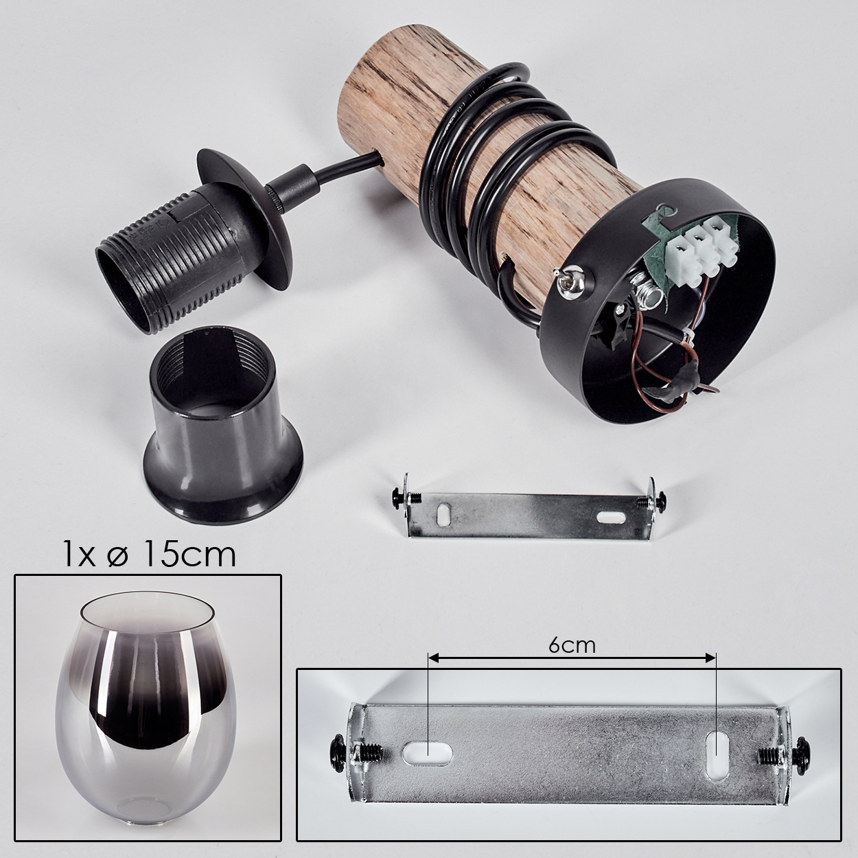 Lampenfassung mit Holzkörper, Kabel, Metallhalterung und Glas. Maße angegeben.