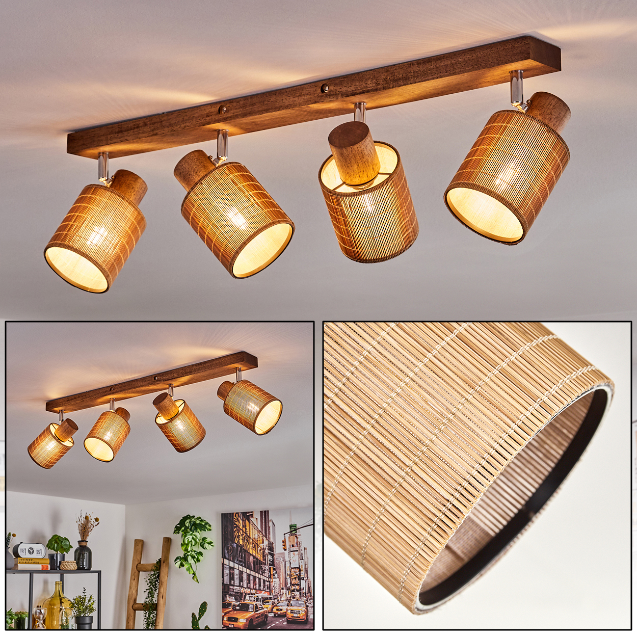 Deckenleuchte mit vier verstellbaren Körben aus Bambus-Rattan auf Holzsockel.