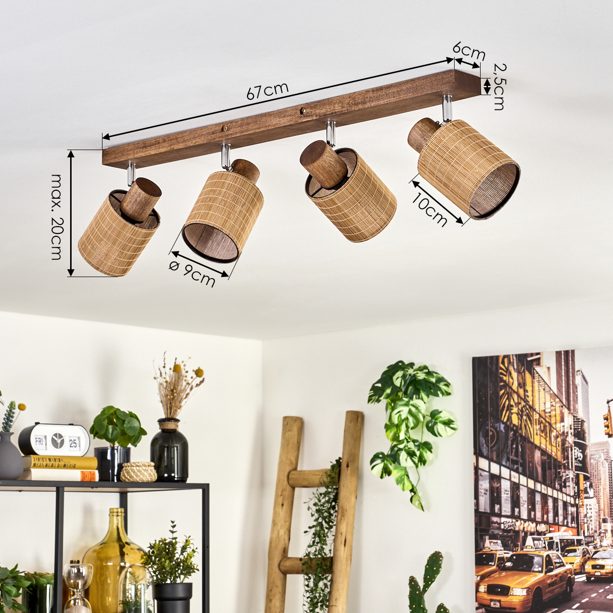 Holzdeckenleuchte mit vier Körben, Maße sind angegeben.