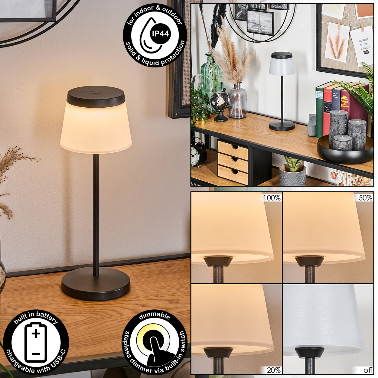 Eine schwarze Tischlampe mit weißem Schirm steht auf einem Holztisch, daneben Dekoartikel.
