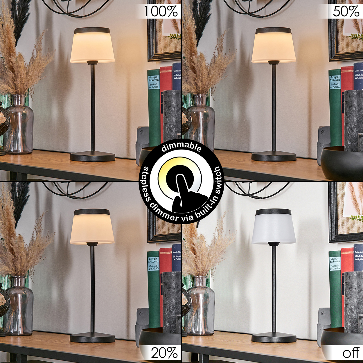 Vier Ansichten einer Lampe: 100%, 50%, 20% Helligkeit und Aus.