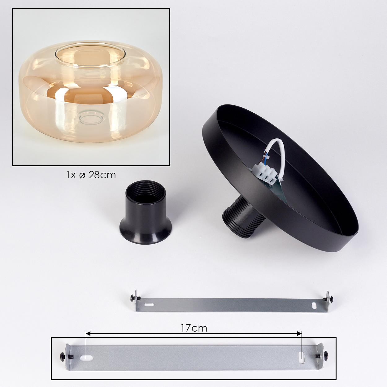 Glasglocke (28cm), schwarzer Baldachin, schwarzer Sockel und Metallhalterung (17cm).