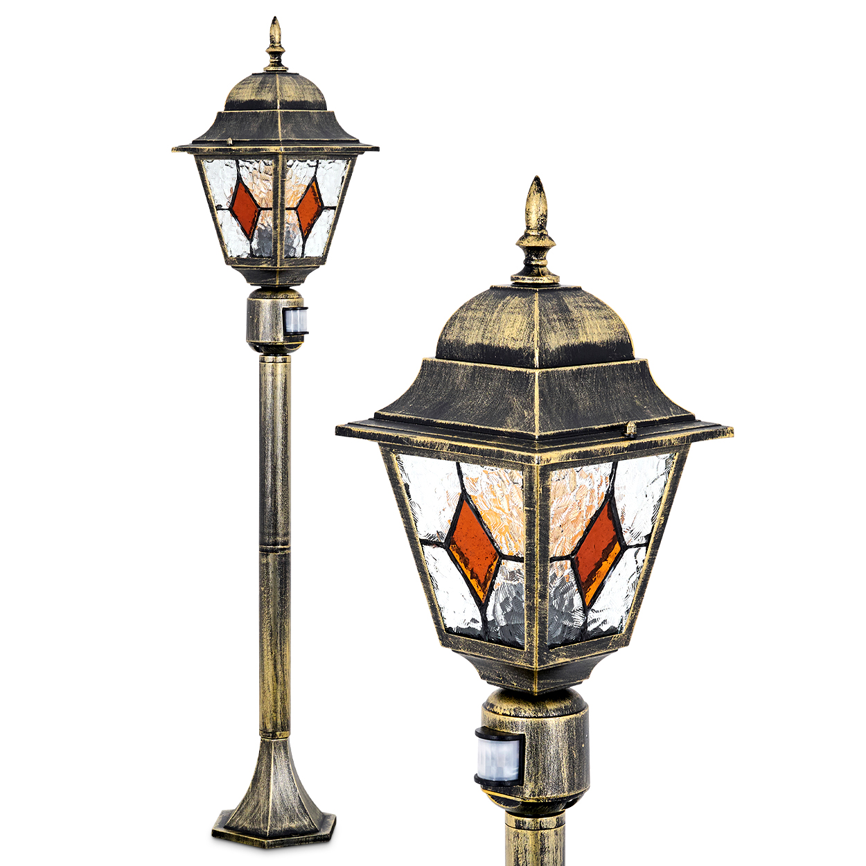 Zwei goldene Laternenpfähle mit Buntglas und Bewegungsmelder auf weißem Hintergrund.