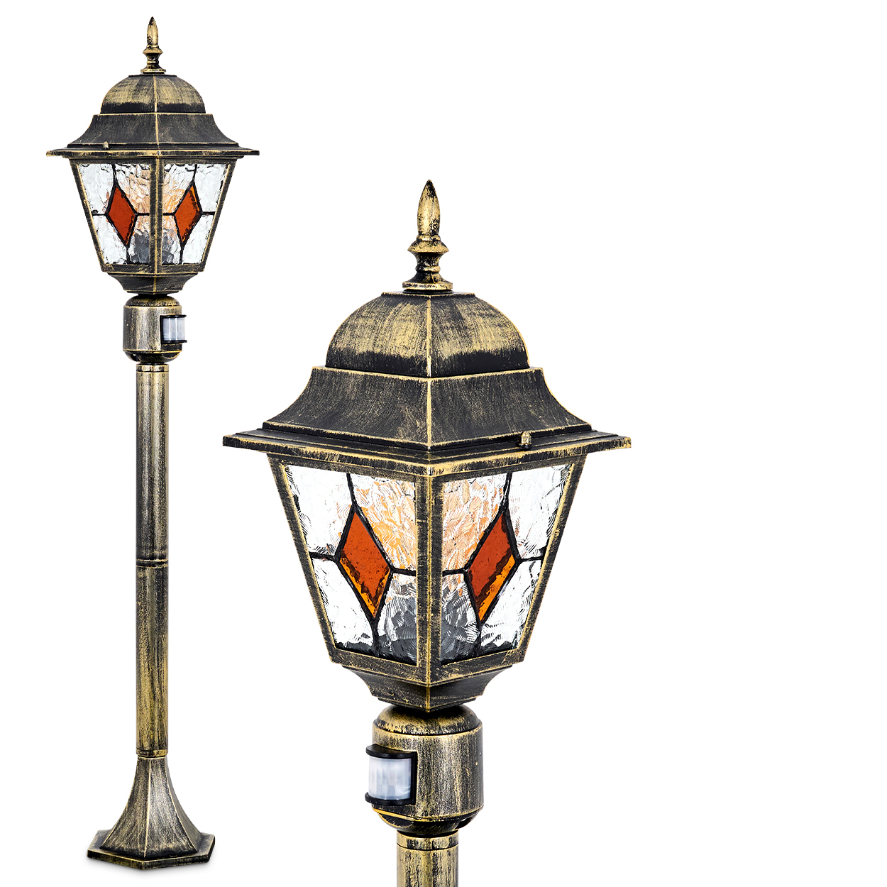 Eine goldene Lampe mit Glas und Bewegungsmelder, auf weißem Grund.