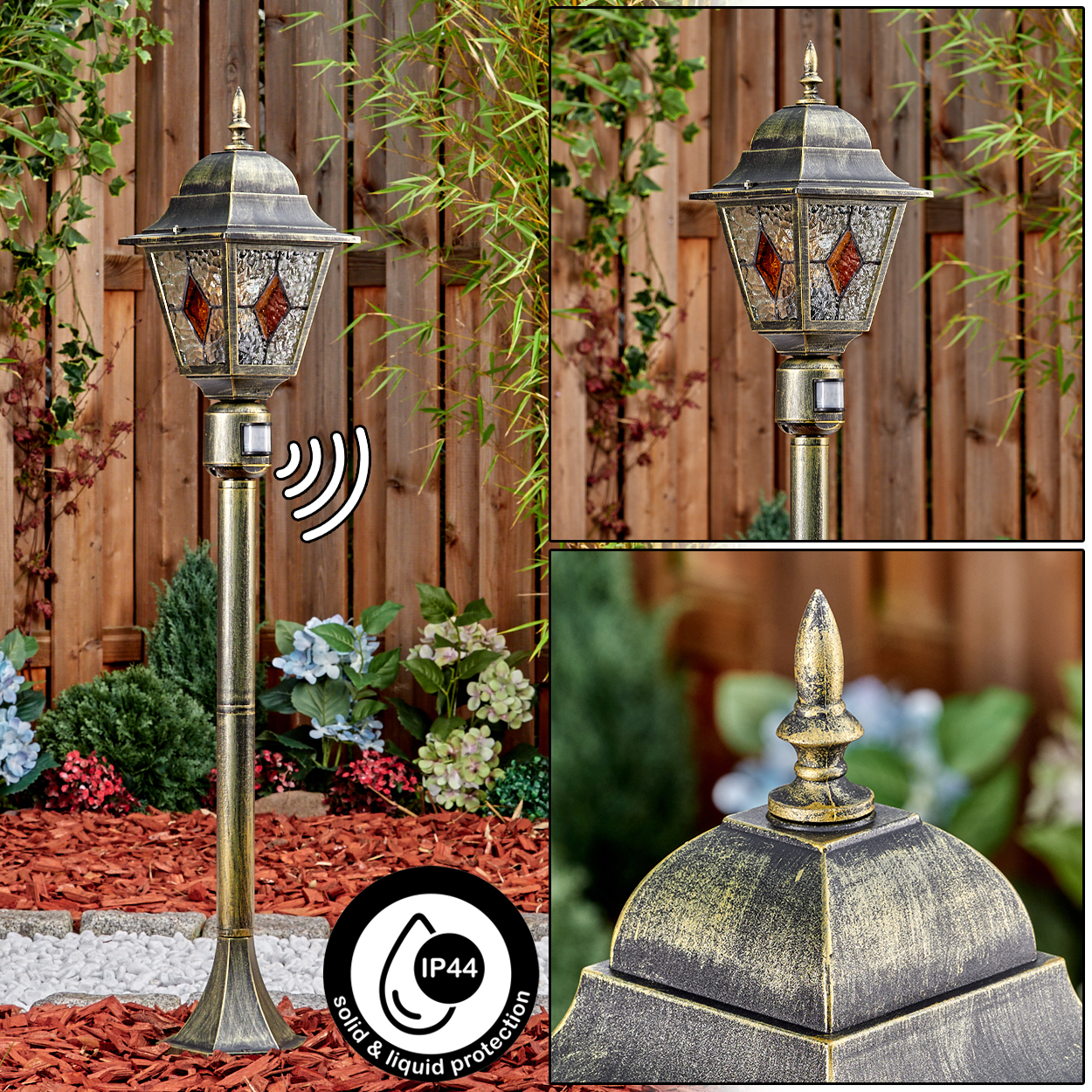 Eine goldene Außenlampe mit Bewegungssensor steht im Garten.