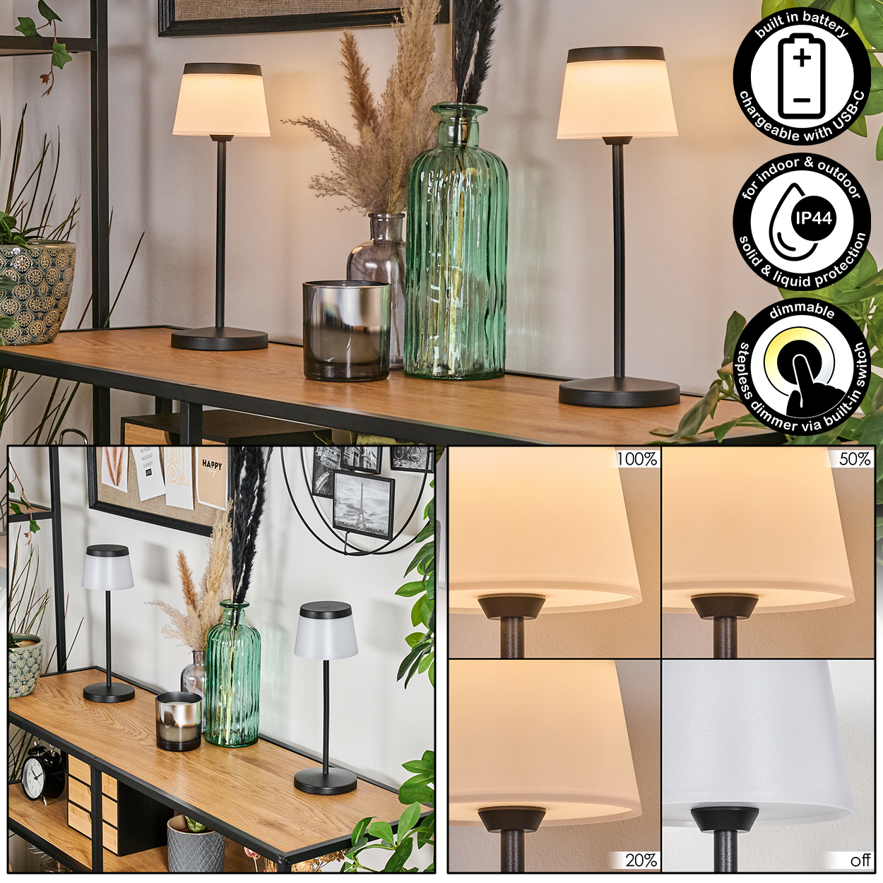 Moderne Tischlampe mit USB-C, dimmbar, für drinnen und draußen, IP44.