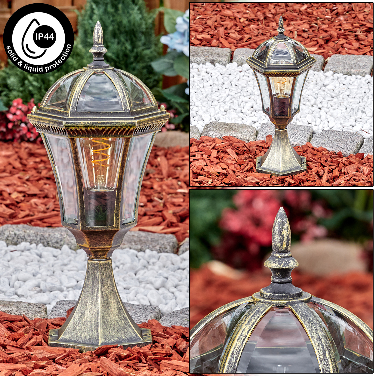 Antiker Gartenpfosten mit Glas und Goldakzenten, umgeben von Rindenmulch.
