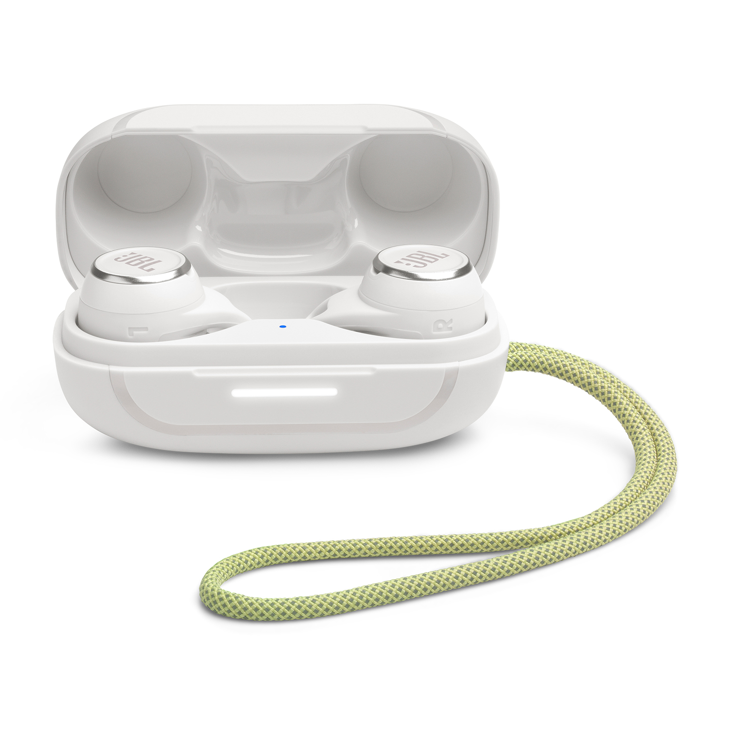 Weiße JBL Kopfhörer mit Ladecase und grünem Band.