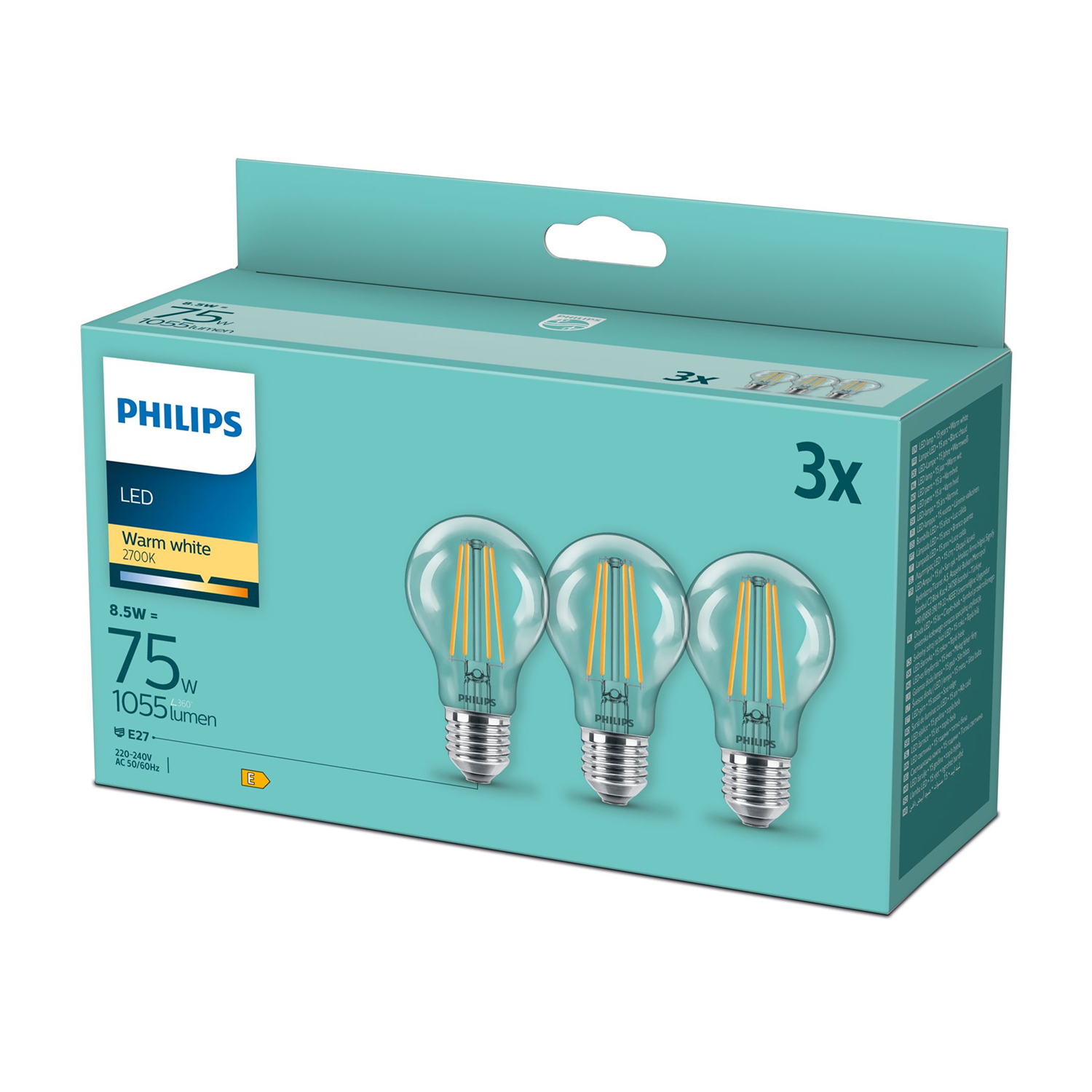 Caja de tres bombillas LED Philips, blanco cálido, 8,5W.