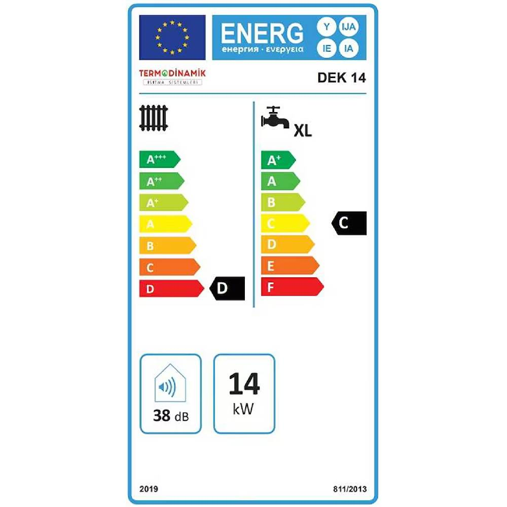 Isıtıcı DEK 14 enerji etiketi, 38 dB ses seviyesi, 14 kW güç.