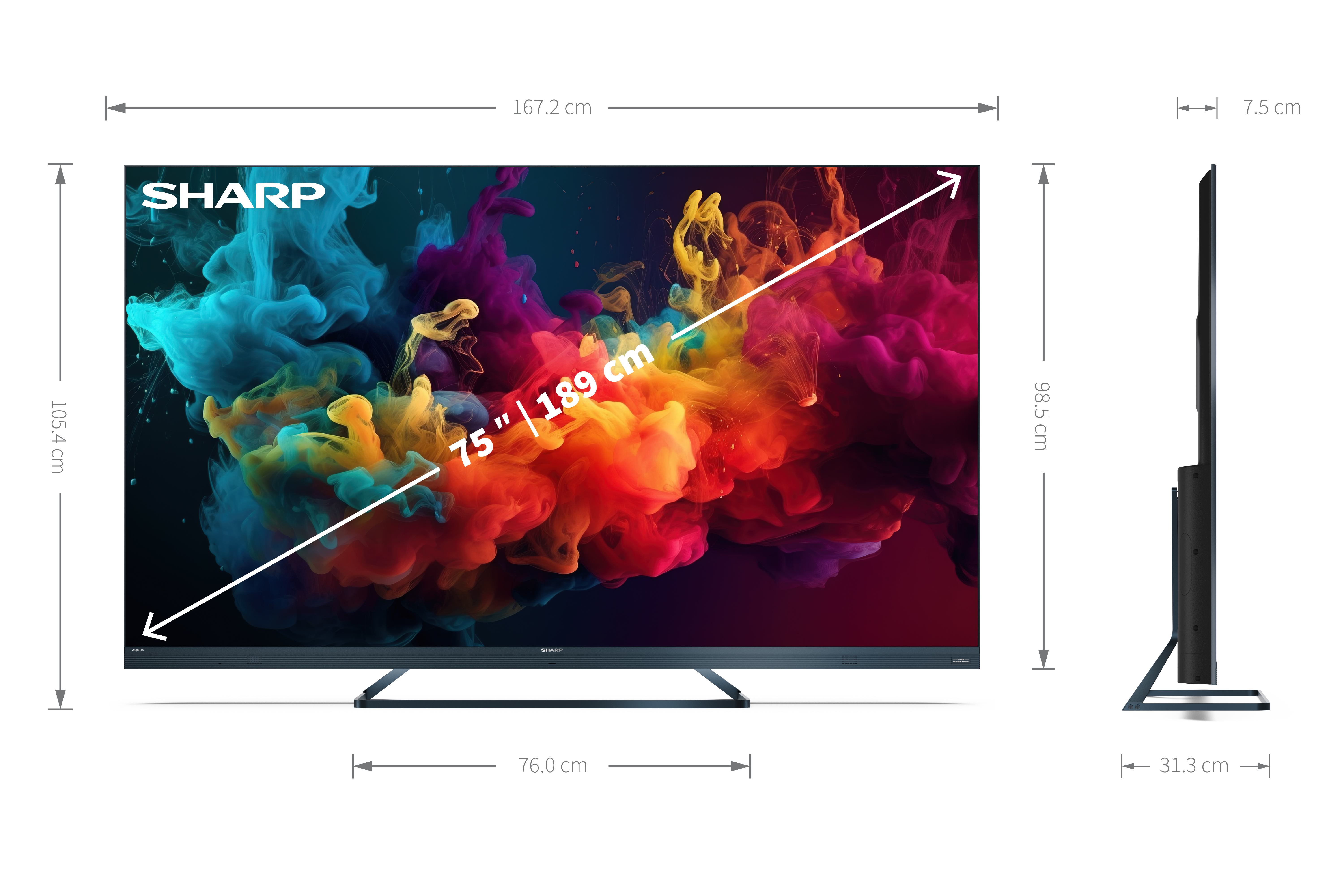 Ein 75-Zoll-Sharp-Fernseher mit dynamischer Rauchgrafik und Abmessungen.