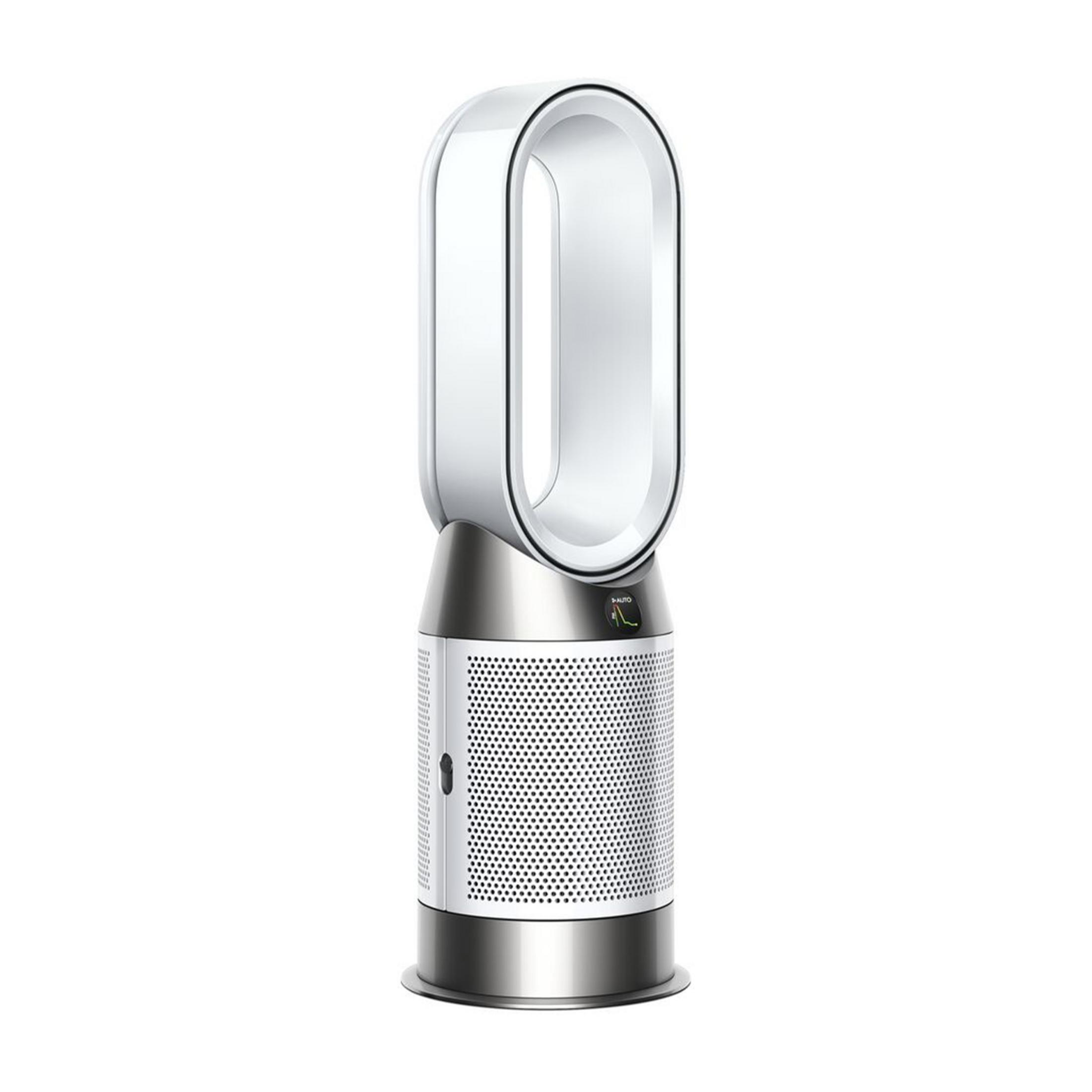 Ein weißer und silberner Turmventilator mit einem ovalen oberen Teil und einem perforierten Sockel.