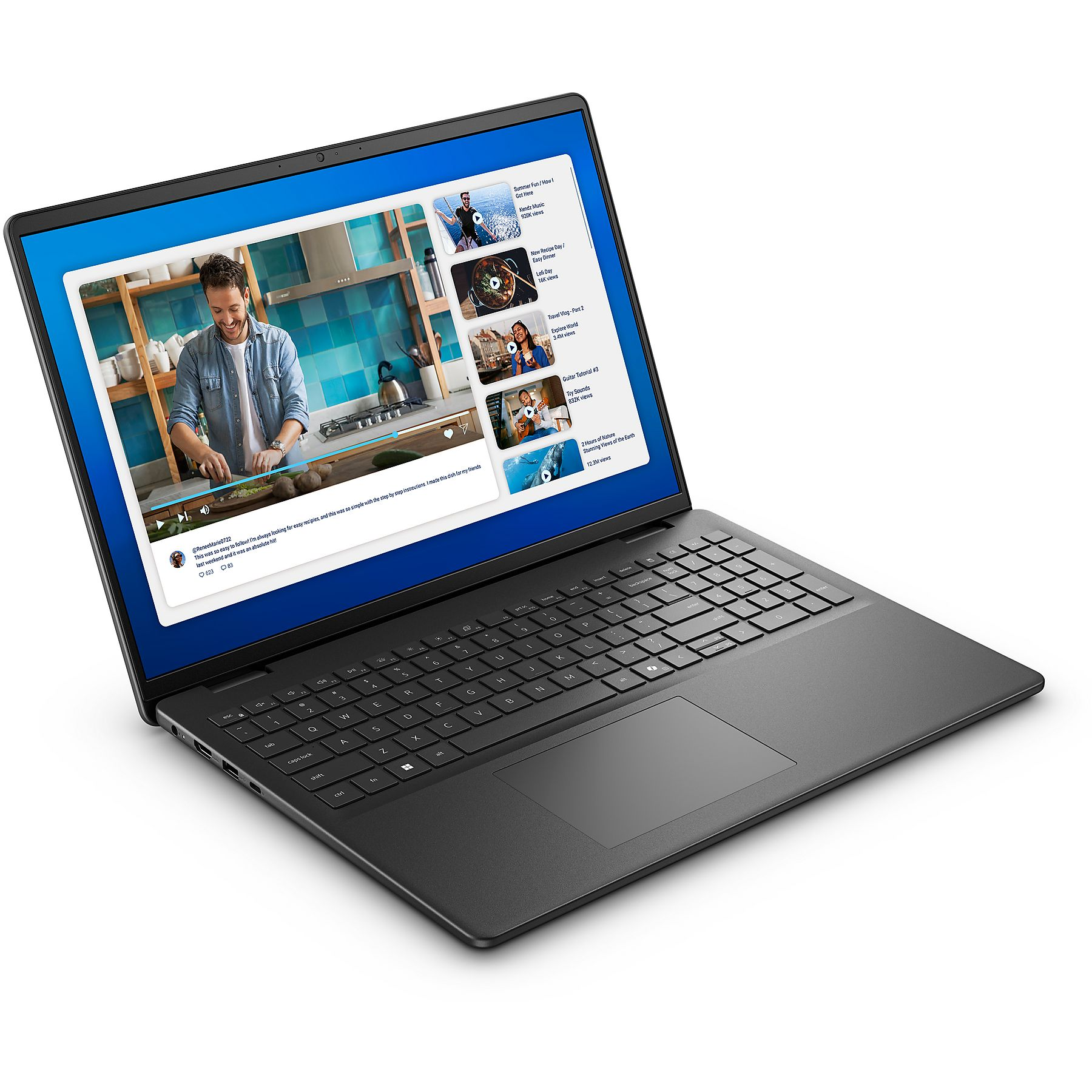 Un laptop nero mostra un video di cucina sul suo schermo.