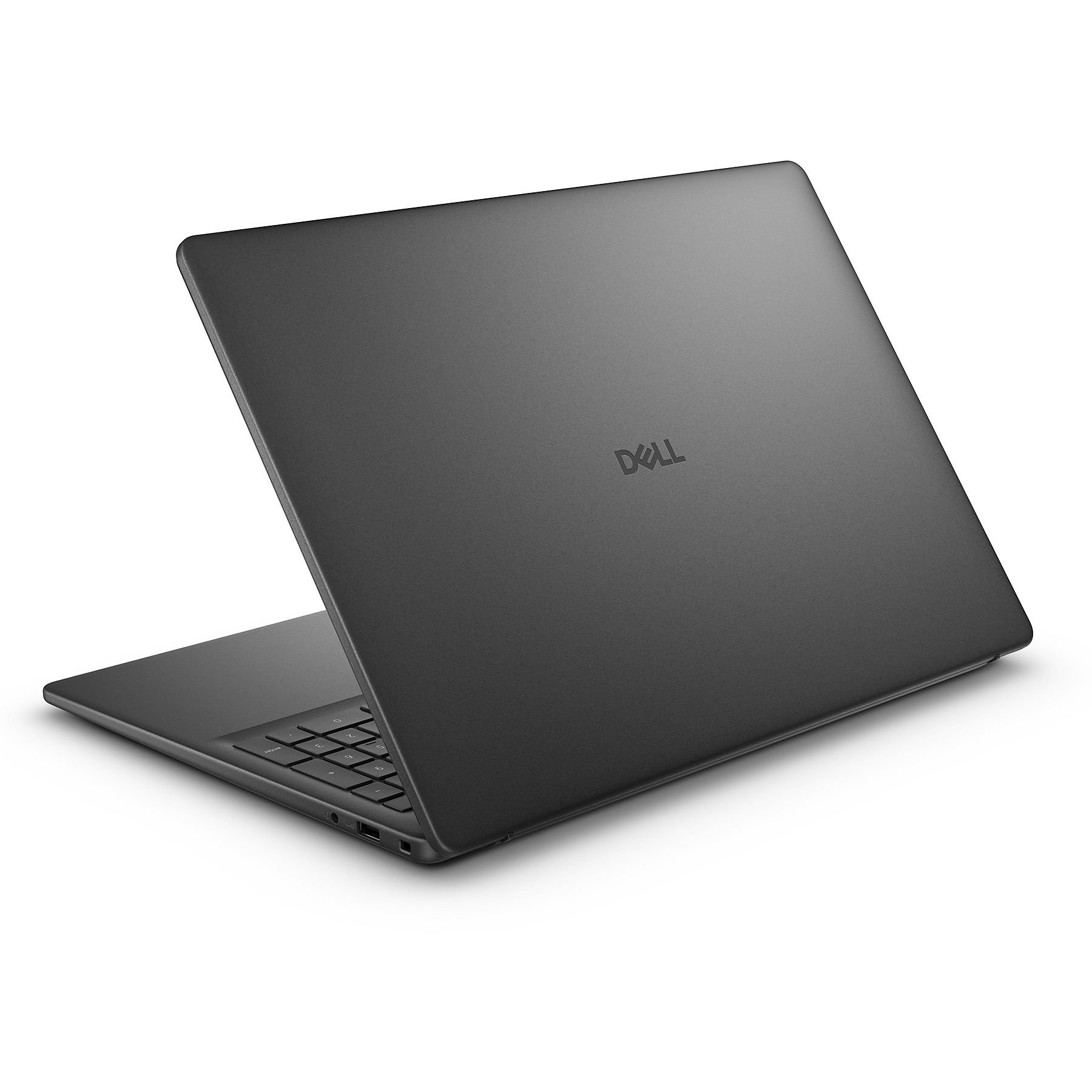 Un laptop Dell scuro e chiuso che mostra tastiera e porte.