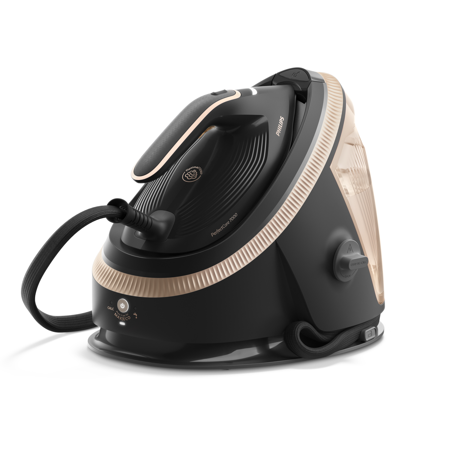 Fer à vapeur Philips noir avec accents dorés et réservoir d'eau.
