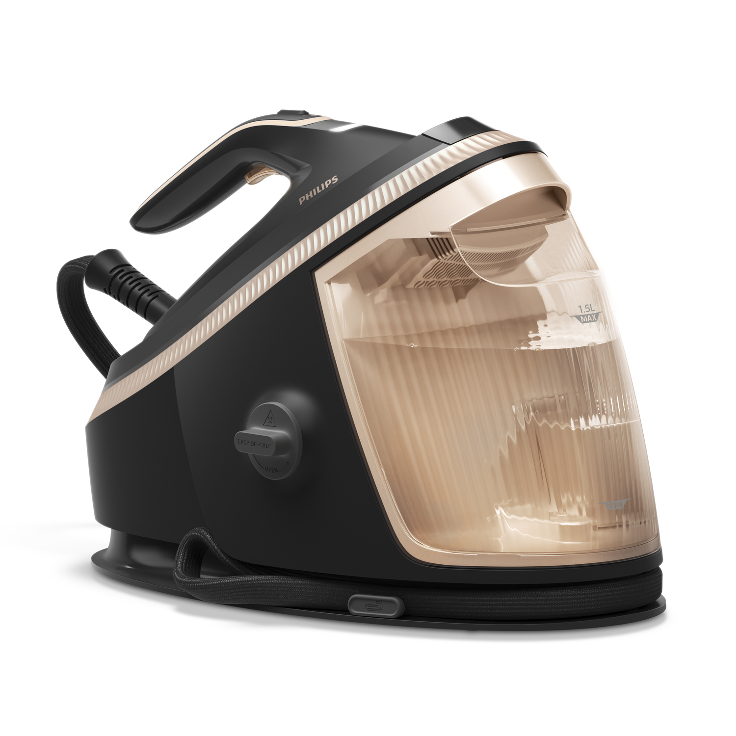 Fer à vapeur noir avec accents dorés et réservoir d'eau transparent.