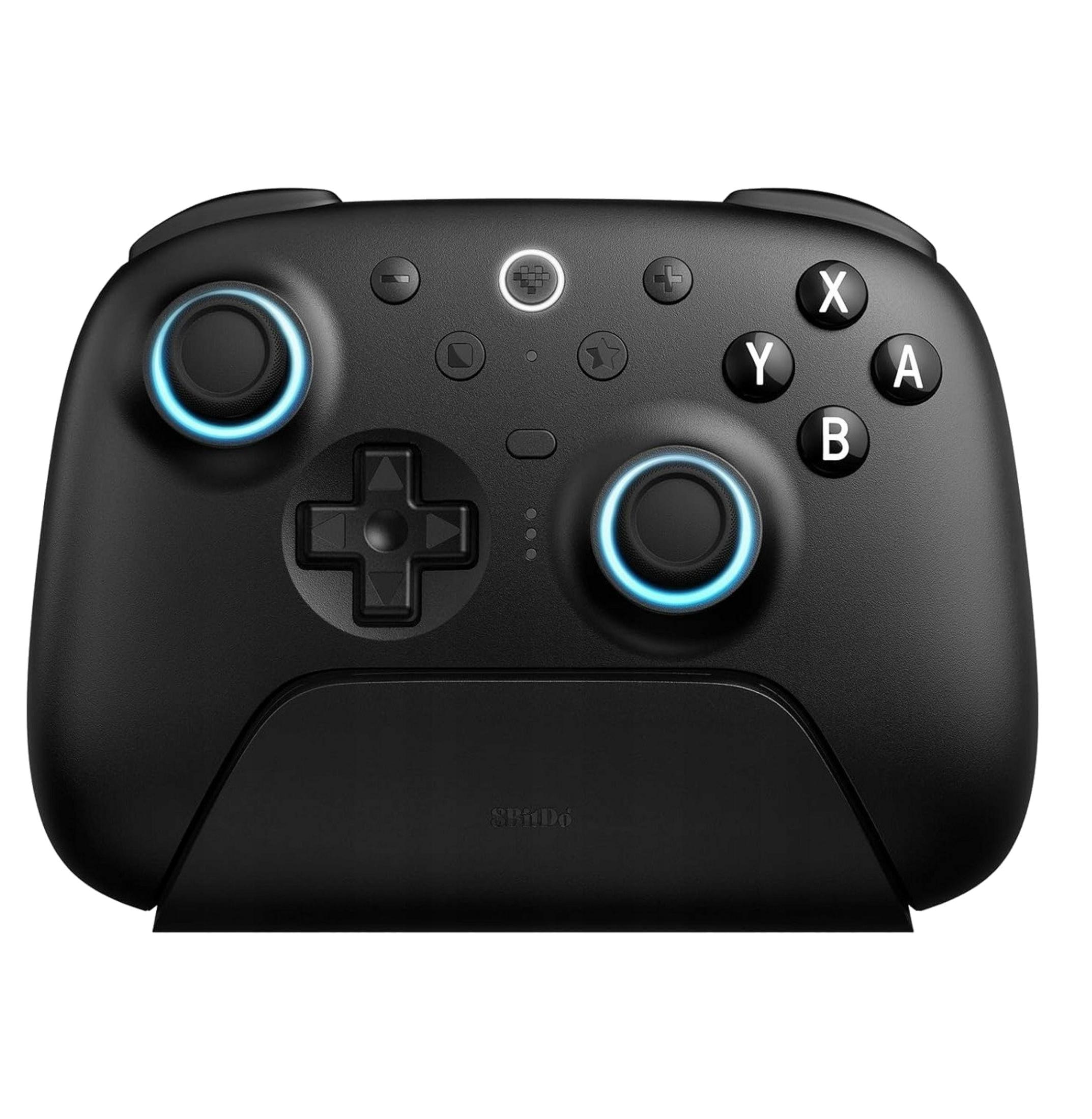 Schwarzer Gamecontroller mit blauen Lichtringen und Tasten.
