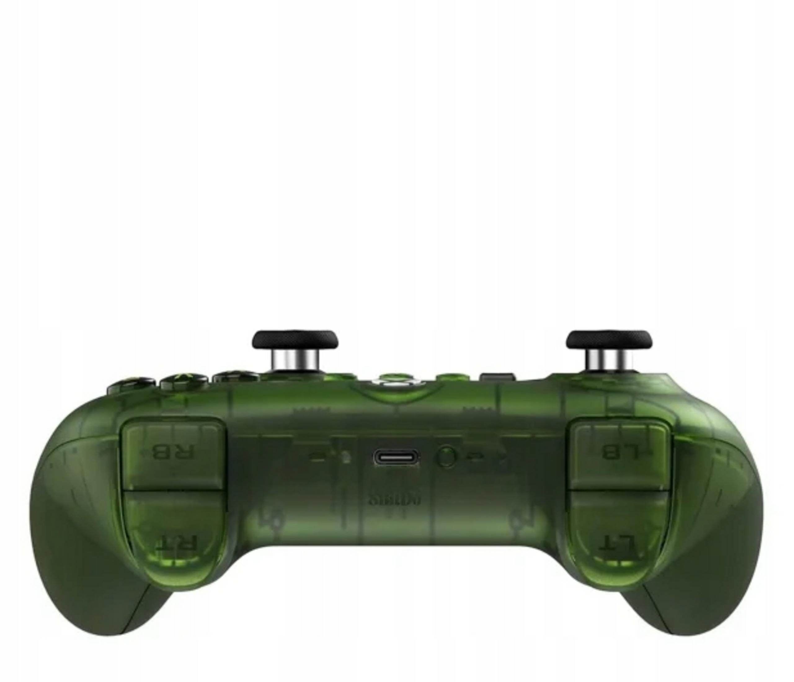 Un controller verde traslucido con joystick e pulsanti neri.