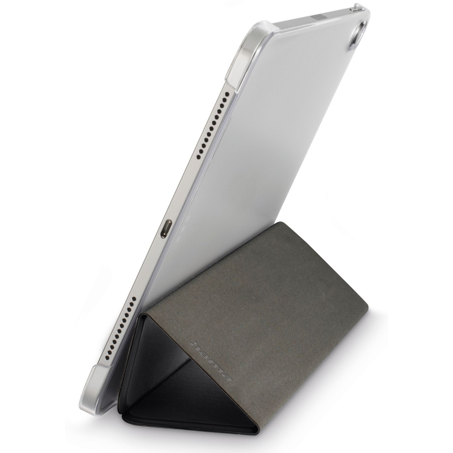 Ein silbernes Tablet mit Hülle steht auf einem grauen Ständer.
