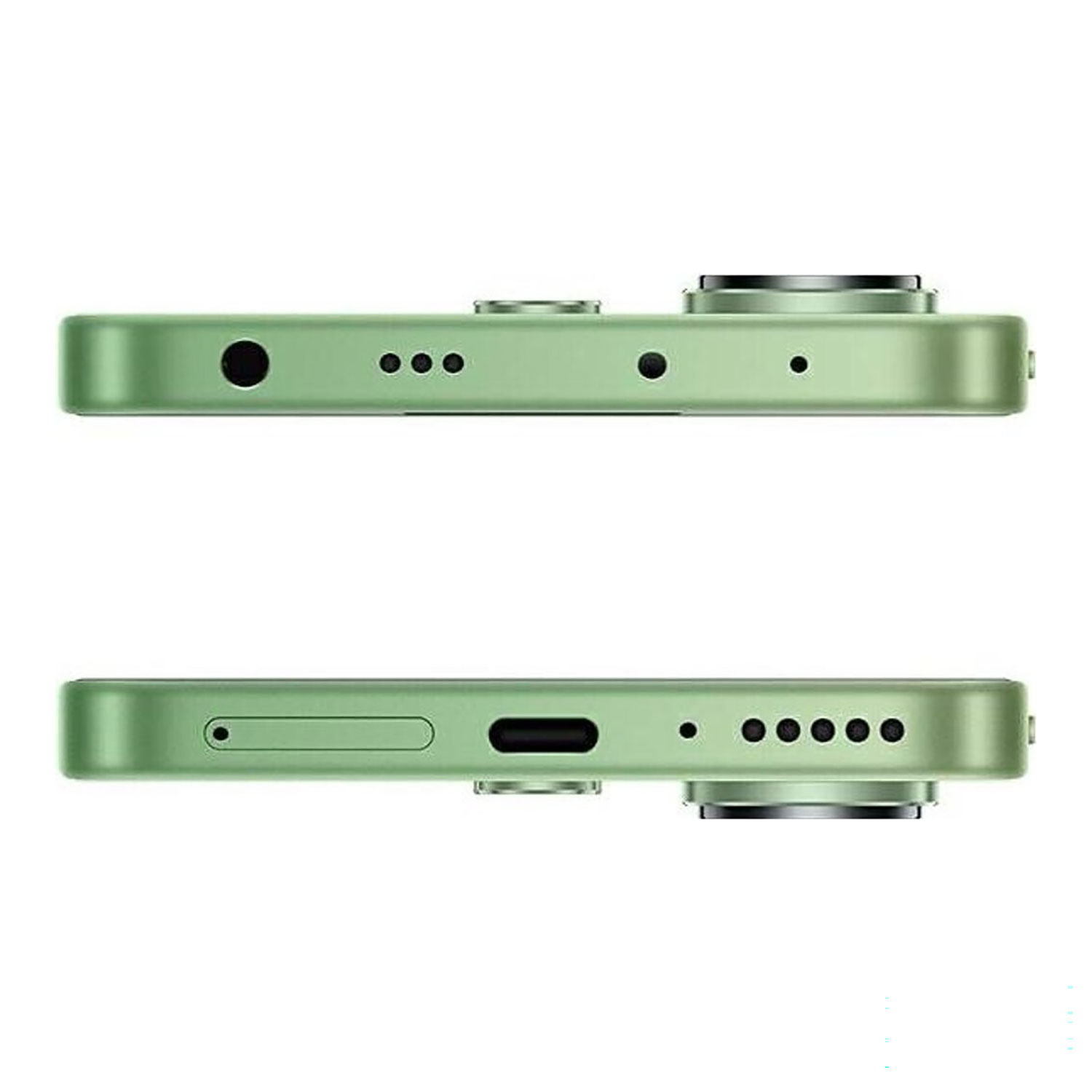 Zielony profil smartfona pokazujący porty i aparat. Gniazdo słuchawkowe po lewej.