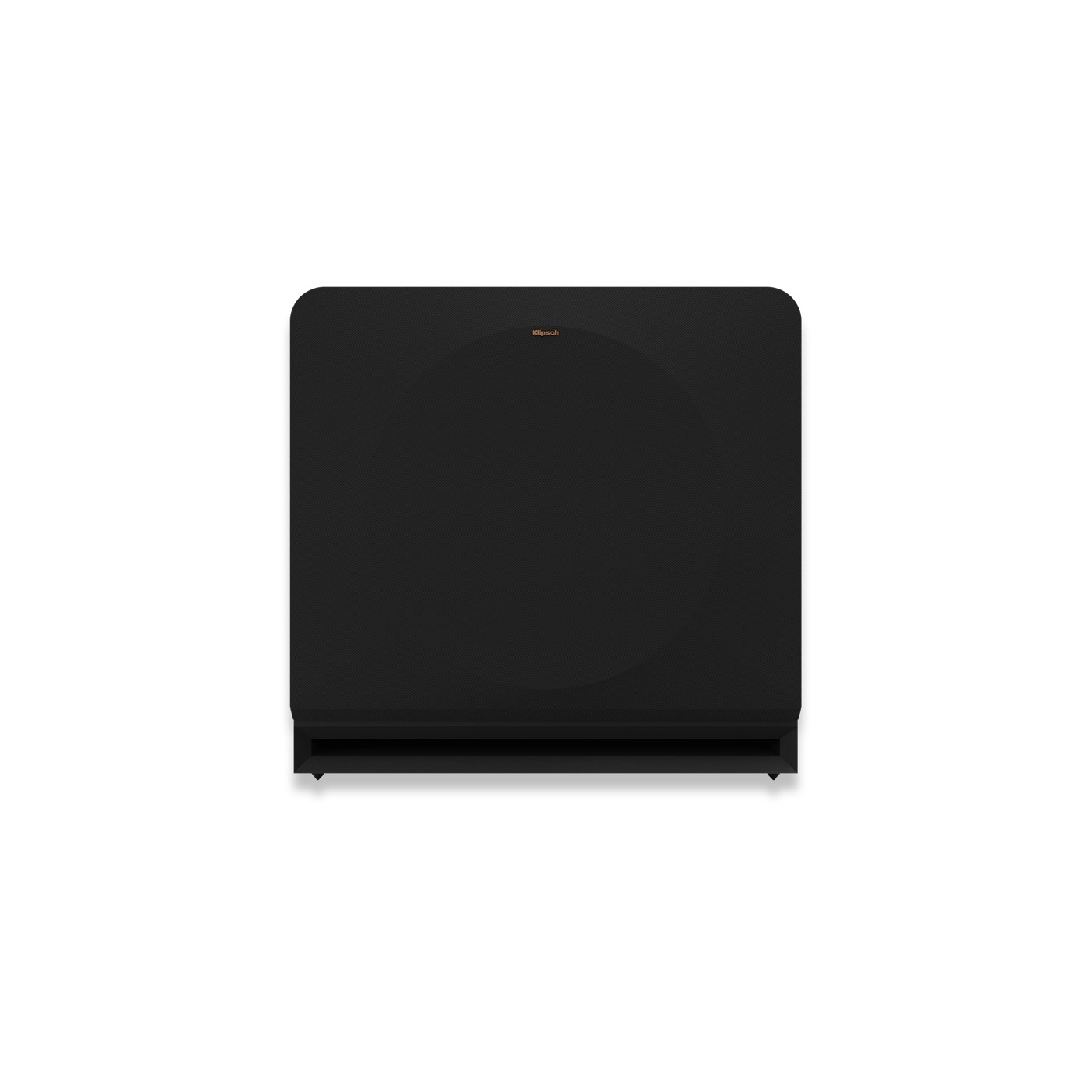 Schwarzer Lautsprecher mit Klipsch-Logo auf weißem Hintergrund.